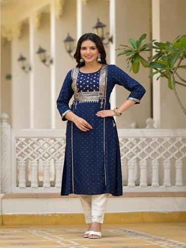 Image of Juniper Blue Solid Rayon Kurta with Sequins & Doris for Women and Girls