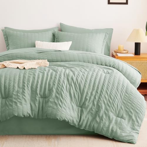 image for CozyLux Queen Comforter Set Sage Green Seersucker 7 Pieces Bed in a Ba