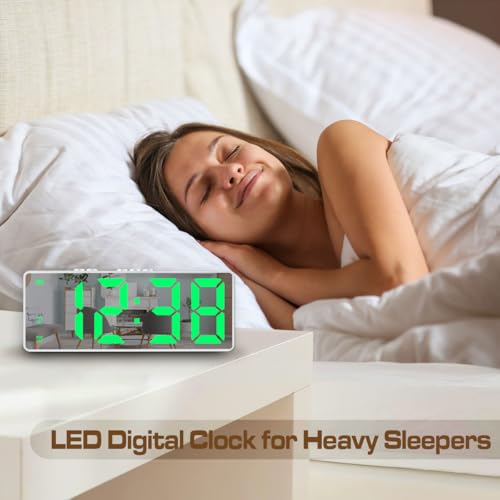 Image of Small Digital Alarm Clock, Mirror Surface LED Electronic Clocks with Large Display, Adjustable Brightness and Snooze Model for Bedroom, Desk, Office, Whitecase Green Digit
