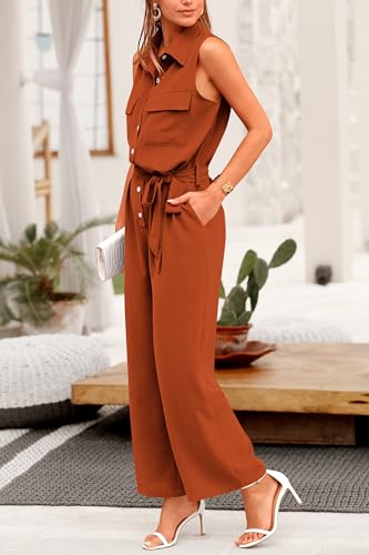 Prettygarden Women'S Button Down Pants Rompers Collared Wide Leg Sleeveless Jumpsuits With Belt  thumb #4