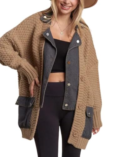 chouyatou Women's Fall Casual Button Down Cardigan Chunky Knit Denim