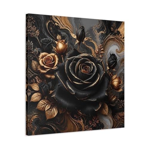 Toile florale roses noir et or avec châssis épais de 3 cm pour salon élégant