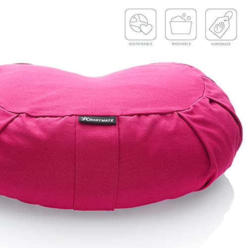 BODYMATE Halbmond Yogakissen 42cm lang 30cm breit und 15cm hoch Pink mit Buchweizen-Spelz Füllung – Maschinenwaschbarer Bezug aus 100% extra dicker Baumwolle – Meditationskissen – Sitzkissen