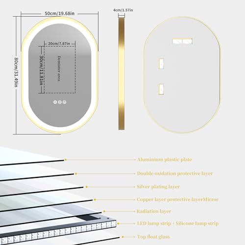 LUVODI Bathroom Mirror with LED Light: 500x800mm Oval Illuminated Wall Mirror with Aluminum Gold Frame Smart Touch Switch Memory Function Anti-fog 3 Changeable Lighting Color, IP56 - Image 8