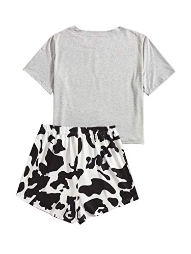 Wdirara Women's Cartoon Cow Print Short Sleeve Tee And Shorts Pajama Set Multicolored S #TOP1