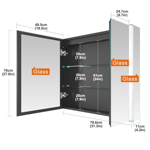 Miniatura 2 de Kww Led Ilumina El Botiquín Del Baño, Con Espejo, Temperatura De Color Ajustable, Luz Antiniebla, Enchufe Y Usb, Fácil De Instalar, Botiquín Montado En La Pared 2 Puertas-80 70