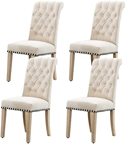 LOULENS Fabric Dining Chairs Set of 4, Modern Parsons Chairs, Fashionable Dining Room Chairs with Nailheads Trim, Button Tufting, Solid Wood Legs Living Room Chairs, Beige