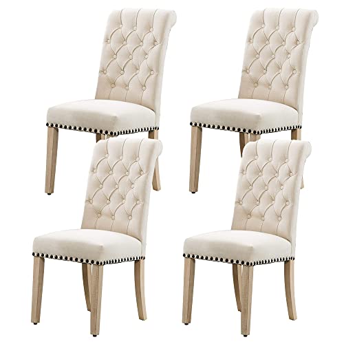 Loulens Fabric Dining Chairs Set Of 4, Modern Parsons Chairs, Fashionable Dining Room Chairs With Nailheads Trim, Button Tufting, Solid Wood Legs Living Room Chairs, Beige #TOP1
