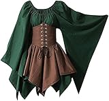 Damen Mittelalter Gothic Kleid mit Trompetenärmel Retro Steampunk Kleid Halloween Party Minikleider Hexen Schnürkleid Renaissance Cosplay Kleidung Gebunden Taille Übergröße Kleid Karneval Kostüm