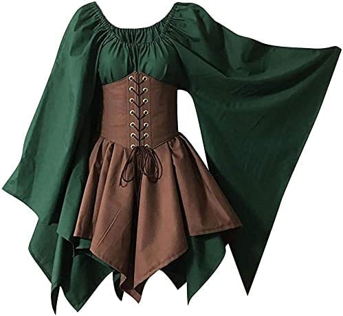 Yeehliny Damen Mittelalter Kleid Maxikleid mit Mesh Trompetenärmel Asymmetrischer Prinzessin Kleider Gothic Halloween-Kleid Karneval Kostüm Renaissance Cosplay Kostüm Cover