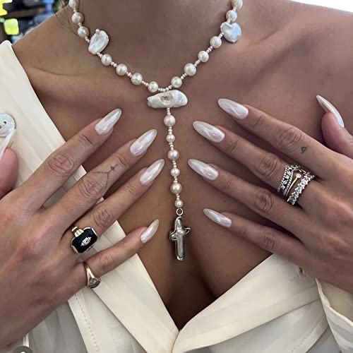 Babalal Almond Press On Nails Medium Fake Nails White Glue On Nails Pearl Nails Stiletto Chrome Acrylic Nails For Women And Girls 24Pcs #TOP1