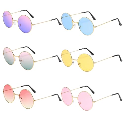 Round Hippy Specs Sunglasses 6PCS Retro Hippie Circle Glasses 60's 70's Style Retro Rave Glasses 6 Colors Hippie Fancy Dress Costume Accessories for Adults