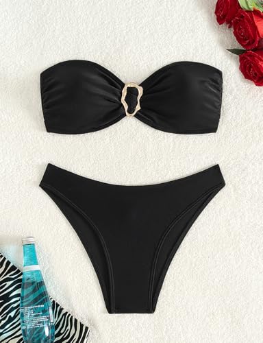 Tainehs Women's Strapless Bikini Sets Tube Top Bandeau Swimsuit Tie Back Mid Rise Two Piece Bathing Suits4