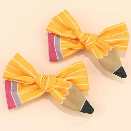 2pc Back to School Pencil Hair Bows Clips For Girls Students First Day School Cheer Barrettes Alligator Hairpins Dress Accessories, Toddler Teacher Appreciate Gift Set Yellow (back shool A)