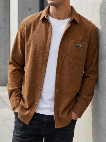 Image of IndoPrimo Men's Corduroy Shirt | Premium Ribbed Full Sleeve Casual Overshirt | Button-Down Solid Shirt with Chest Pocket | Regular Fit