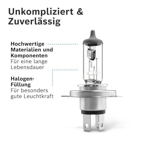 Bosch H4 Pure Light Halogen-Glühlampe für Auto-Scheinwerfer, 12 V 60/55 W, in Originalqualität - Lampensockel Typ P43t - 1 Ersatz-Scheinwerferlampe