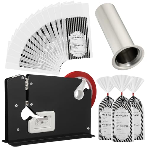 Funnymoom Meat Packaging Kit 500 Pcs Wild Game Freezer Bags Steel Tape Sealer 2 Rolls Sealing Tape Stainless Steel Filling Tube for Meat Grinder Processing Supplies for Hunter Butcher(Black)