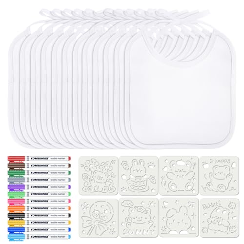 Aolso Babyslabbetjes om te schilderen, 12 stuks witte slabbetjes voor baby's, waterdichte slabbetjes voor baby's met 12 textielpennen en 8 schildersjablonen, cadeau voor babyborrel, kwijnslabbetje (20