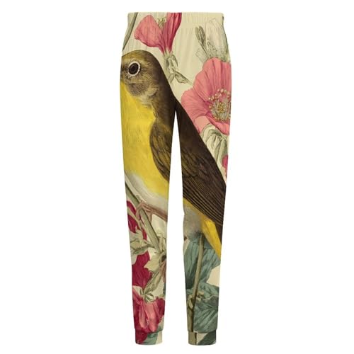 Bird Yellow-Bellied Warbler Vintage Flowers Men's Pajama Pants Lounge Pant Sleepwear PJ Bottoms4