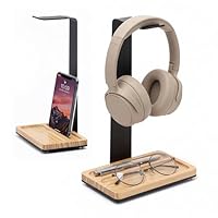 LIBKEN Wooden Headphone Stand with Storage Tray – Rubberwood & Metal Headset Holder with Anti-Slip Base, Scandinavian Desk Headphone Stand for Organizing Headphones, Phone, Keys & Accessories