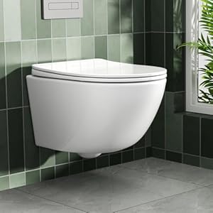 Rainsworth Hänge WC Spülrandlos Toilette - Starker Spülung, Kloschüssel inklusive WC-Sitz Absenkautomatik, Kompakt Design Toilette 48,5 cm lang, Einfach zu einigen, ideal für Badezimmer-Aufstieg