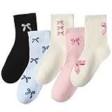 Jspupifip 5 Pairs Women Ruffle Bow Socks Cute Casual Ankle Crew Socks Soft Breathable Fashion Frilly Bow Cotton Sock, 5 Style