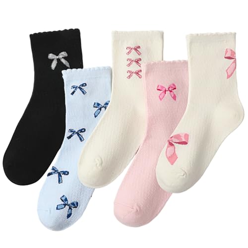 Jspupifip 5 Pairs Women Ruffle Bow Socks Cute Casual Ankle Crew Socks Soft Breathable Fashion Frilly Bow Cotton Sock, 5 Style