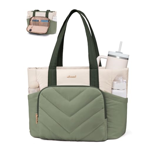 Image of LOVEVOOK Puffer Tote Bag for Women, V-Quilted Puffy Teacher Tote Nurse Bag, Large Shoulder Laptop Purse for Work Travel Gym