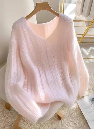 Women's Sweet Pink V Neck Long Sleeve Sweaters Spring Autumn Lightweight Knitted Pullover Tops Plain Casual Loose Sweater2