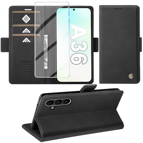 Giyer Handyhülle für Samsung Galaxy A36 5G Hülle mit Schutzfolie, Schutzhülle Galaxy A36 5G PU Leder Wallet Flip Case Standfunktion Kartenfach Klapphülle für Samsung A36 5G Cover Tasche (Schwarz)
