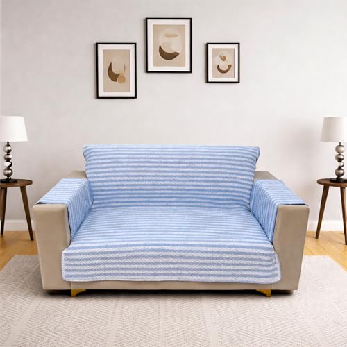 Image of Homerz Premium 2 Seater Quilted Reversible Sofa Cover Mat with Pocket Arms | Polyester Blend 350 GSM Full Coverage & Back Belt for Stability (Azurea, 2 Seater)