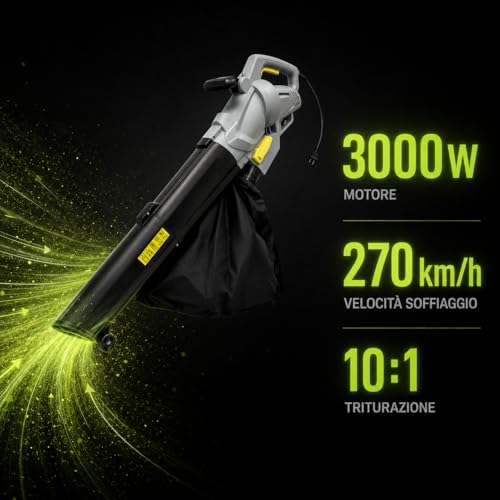 Kombo - Soffiatore/Aspiratore 3000W Con Triturazione 10:1, Velocità 270 Km/H, Sacco 45L, Con Ruote Guida – Per Foglie Ed Erba – Alimentazione 230V – Modello KO270/2 - 3
