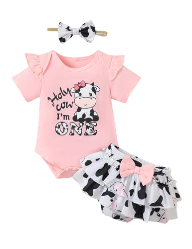 Slanavel Baby Girl 1st Birthday Outfit Girl First Birthday Outfit Baby Cow Bodysuit (Pink,12-18 Months)