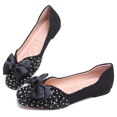 SAILING LU Square Toe Flats Shoes Rhinestoned Bowknots Ballet Flats for Women Studded Dress Shoes Comfort Light Weight Loafers4