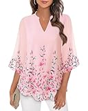 Bebonnie Dress Shirts for Women Blouses: Spring Tops for Women 2025 Flowy Chiffon V Neck - Summer Mother of The Bride Blouses for Wedding - Flattering Outfits to Hide Tummy Multi Pink XXXL
