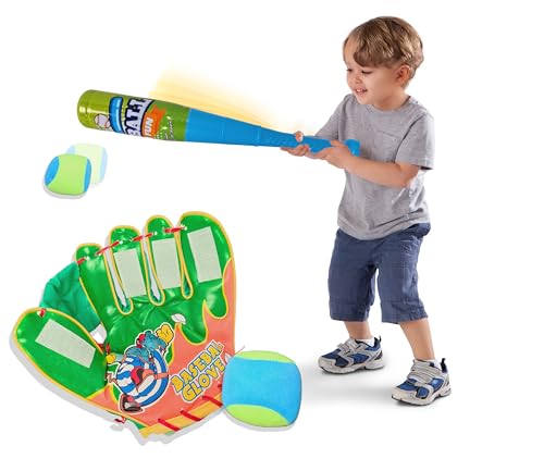 sobebear Kids Baseball Toy Set Durable Portable With Plastic Bat, 2 Tennis Balls & Glove -Perfect Safe Play Outdoor Training, Lightweight, Soft Grip Rounders (Blue)