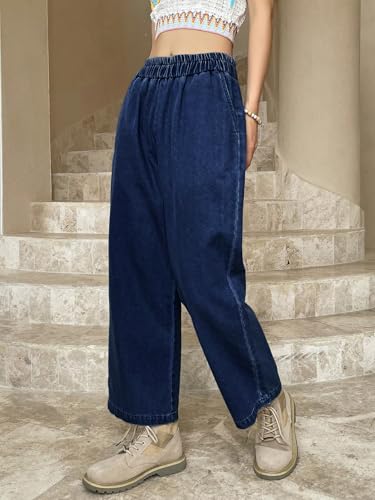 Image of Shasmi Girl's & Women's Denim Cotton Elastic Waist Cropped Straight Ankle Length Wide Leg Casual Baggy Jeans for Women, Trousers Pant for Women (Jeans 239)