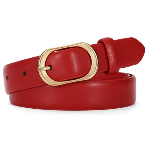 SANSTHS Women Belt for Jeans with Gold Oval Buckle Thin Belt for Dresses Pants Adjustable Waist Belt for Daily Fashion Red XS
