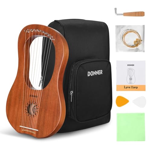 Donner Lyre Harp, 10 Metal Strings, Mahogany Body and Bone Saddle DLH-002 Lyre Harp for Beginner Kids with Tuning Wrench, Spare String Set, Black Gig Bag, Manual, Ancient Greece Style