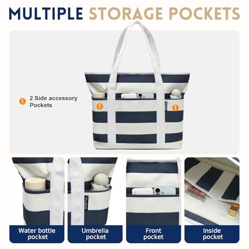 Image of Large Canvas Tote Bag for Women, Beach Bag with Zipper, Utility Tote Bag with 3 Front Pockets, Weekender Pool Bag