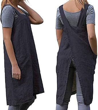 WROLEM Women's Cross Back Pinafore Apron with Large Pockets Home Kitchen, Restaurant, Coffee house,Cooking Gardening Works