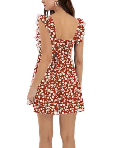 Image of Women's Summer Square Neck Tie Back Ruffle Sleeve Tiered Casual A-Line Short Mini Dress