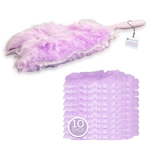 Purple Feather Duster with 10 Pack Microfibre Refill Heads, Reusable Handle with Hanging Eye, Feather Dusters for Cleaning Home Furniture, Window Blinds, Office Desk - Fluffy Duster on a Stick