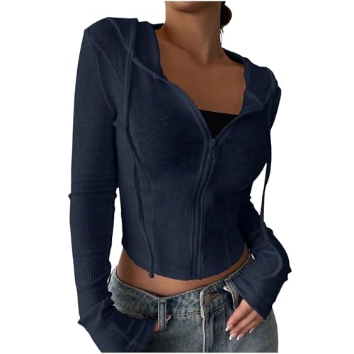 Women's Zip Up Cropped Hoodie Sweatshirt Y2K Crop Tops Fall Fashion Trendy Outfits Slim Fit Crop Knit Jacket Navy