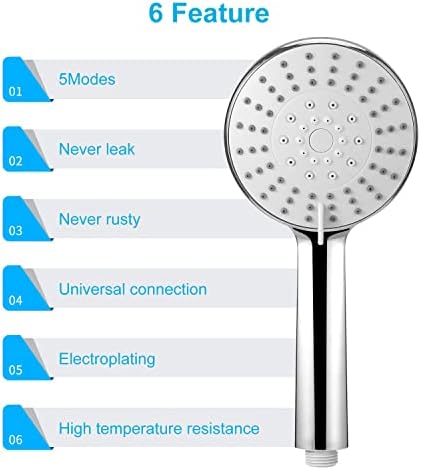 Shower Head with Hose, ERAVSOW Universal Adjustable Replacement Shower Head with 5 Mode Function Water Saving, 150cm Metal Shower Hose for Bath Shower, ABS+Electroplating Technology