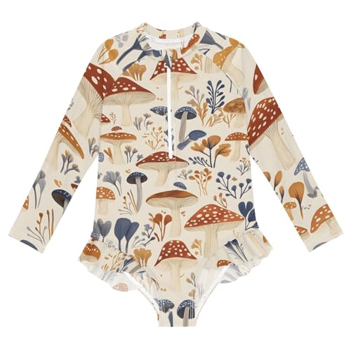 Girls One Piece Swimsuits Long Sleeve Swimsuit Zipper Bathing Suits Red Mushroom Autumn