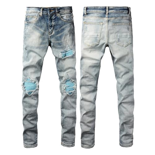 Mens Ripped Jeans Skinny Blue Patchwork Distressed Biker Pants Denim Trousers Streetwear Tapered Stretchy Jean