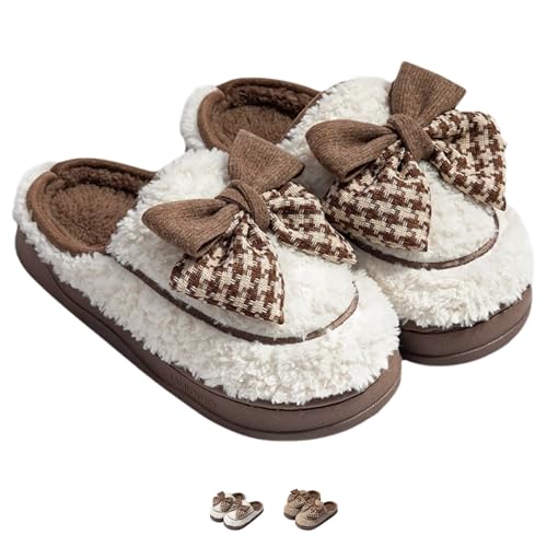 Women's Fleece Bow House Slippers Soft Plush Comfy Cozy Slip On Indoor Slipper with Bows Winter Warm Cute Bow Tie Fuzzy Bedroom Shoes Non Slip
