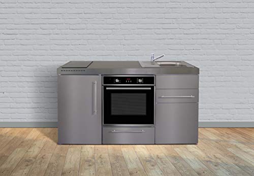 Preisvergleich Produktbild Miniküche Premiumline MPBES 160 Edelstahl Kühlschrank Backofen (Glaskochfeld links - Becken rechts)