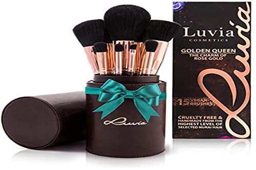 Set de pinceaux de maquillage Luvia, Golden Queen, 15 pinceaux de maquillage avec rangement pour pinceaux cosmétiques, brun chocolat et or rose